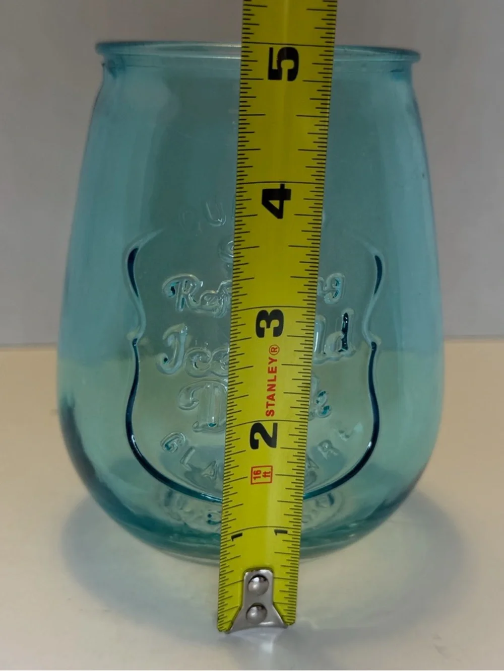 Aqua Blue Embossed Glass Tumbler / Stemless Wine Glass - Ice Cold Drink
